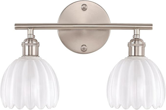 Bathroom Light Fixtures, 2-Light Vanity Wall Light Over Mirror with White Tulip Glass Shade for Bedroom Living Room, Satin Nickel