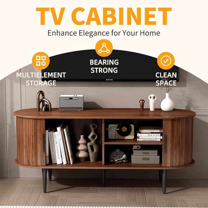 47" Mid-Century Modern TV Stand with Sliding Door & Storage | Walnut Media Console for Living Room | Gaming Entertainment Center Cabinet for Bedroom/Office (47")