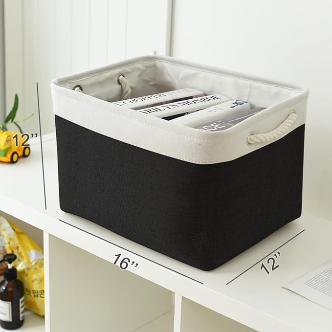 TheWarmHome Storage Basket for Gifts Empty - Large Cubes 3 Pack 15.8x11.8x11.8 inch Storage Bins for Organizing Book Cloth Bathroom Toy (White & Black)