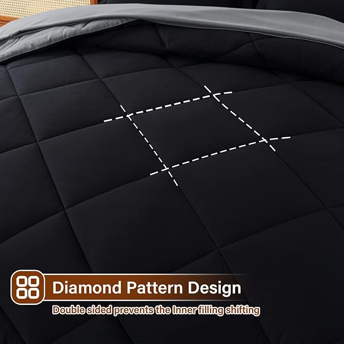 Cosybay Bed in a Bag King Reversible Comforter Sets 7pcs All Season Down Alternative Bedding Sets Black and Grey with Comforter, Pillow Shams, Flat Sheet, Fitted Sheet and Pillowcase