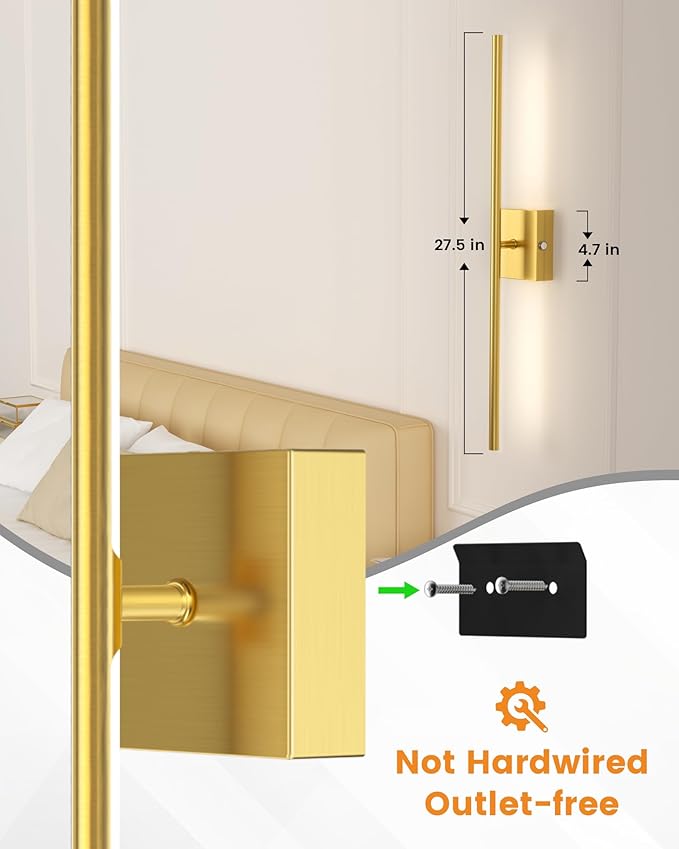 VOLISUN Battery Operated Wall Sconce Set of Two, Gold Rechargeable Wall Lights with Remote Control, 3000K-6500K Dimmable Wall Lamp, 27.6 Inch LED Wireless Wall Lights for Bedroom, Living Room,Hallway