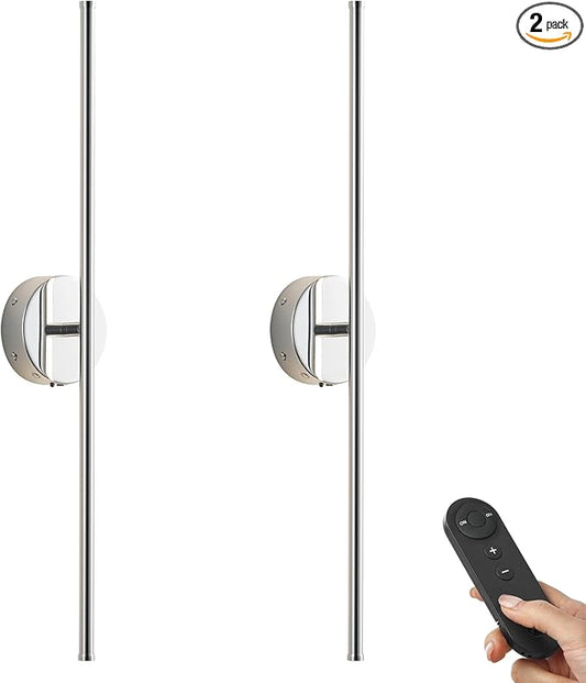 Battery Operated Wall Sconces with Remote Control, Dimmable Wall Sconces Set of Two, 350°Rotate, 3000K LED Chrome Wireless Wall Light for Living Room, Bedroom,Hallway, 24.4 Inch (2 Pack)