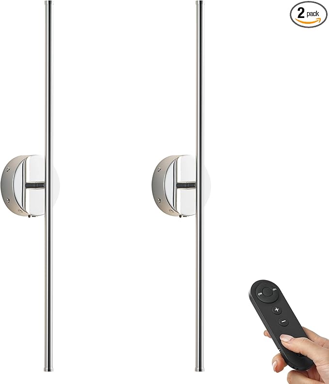 Battery Operated Wall Sconces with Remote Control, Dimmable Wall Sconces Set of Two, 350°Rotate, 3000K LED Chrome Wireless Wall Light for Living Room, Bedroom, Hallway, 28.3 Inch (2 Pack)
