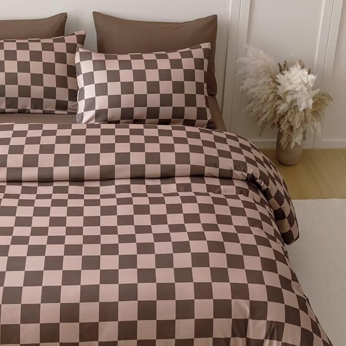 CLOTHKNOW Brown Plaid Comforter Sets Twin/Twin XL 3Pcs Grid Bedding Comforter Sets Dark Brown Checker Comforter Checkered Bedding Sets