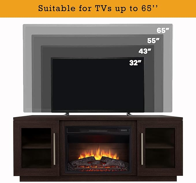 Cheerway 3D Fireplace TV Stand for TVs up to 65’’, Wooden Media Entertainment Center Table & TV Cabinets w/ 6 Storage Shelves & Barn Door, Electric Fireplace w/Remote Control & Adjustable Flame