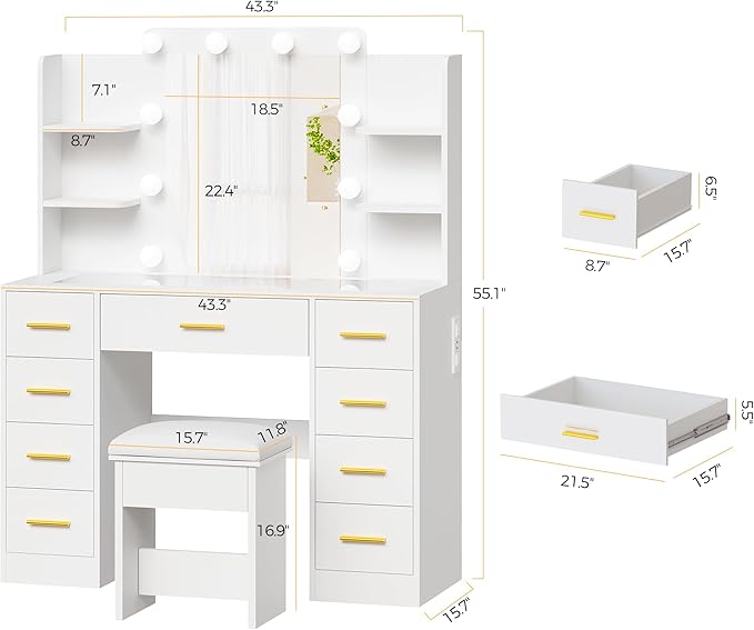 BEWISHOME Makeup Vanity Desk with Mirror and Lights White Vanity Table with Glass Top Power Outlet Stool,Makeup Desk with 9 Drawers and 4 Storage Shelves,Dressing Table for Bedroom Women FST39W
