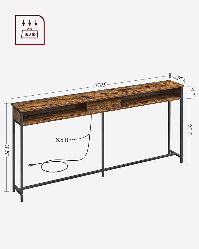 VASAGLE 70.9-Inch Console Table with Outlet and Shelves, Sofa Table with Charging Station, Behind Couch Table Skinny, Entryway Table for Hallway, Living Room, Rustic Brown and Ink Black ULNT118B01