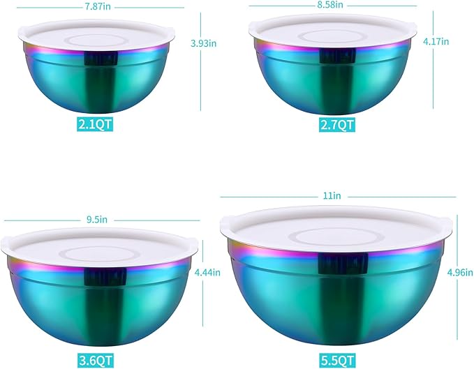 4 Piece Rainbow Mixing Bowls with Lids for Kitchen, Stainless Steel Mixing Bowls Set Ideal for Baking, Prepping, Cooking and Serving Food, Nesting Metal Mixing Bowls for Space Saving Storage