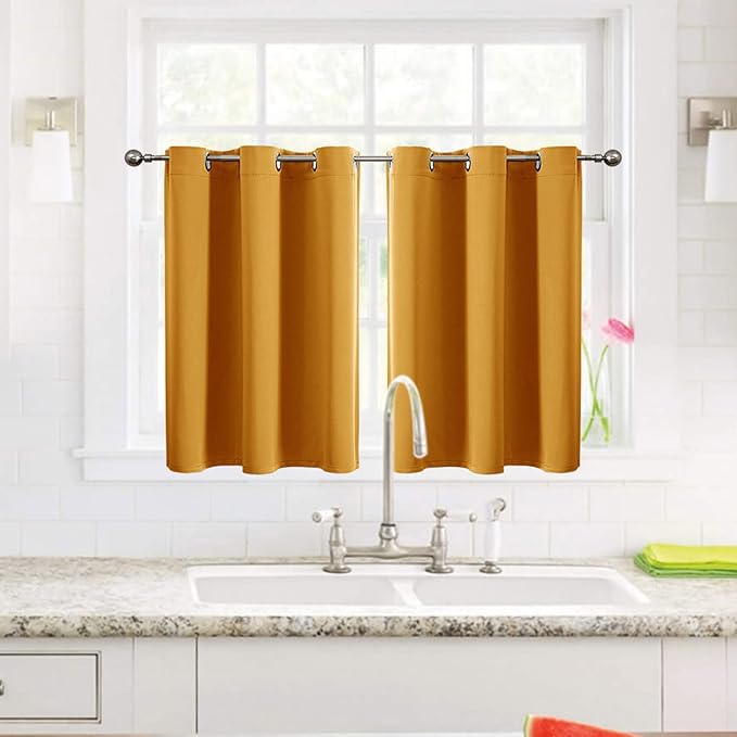 ChrisDowa Small Window Curtains for Kitchen and Bedroom - Grommet Short Thermal Insulated Room Darkening Curtains (2 Panels, Mustard Yellow, 34 x 36 Inch)