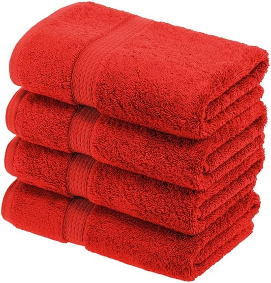 Superior Egyptian Cotton Pile Hand Towel Set of 4, Ultra Soft Luxury Towels, Thick Plush Essentials, Absorbent Heavyweight, Guest Bath, Hotel, Spa, Home Bathroom, Shower Basics, Red