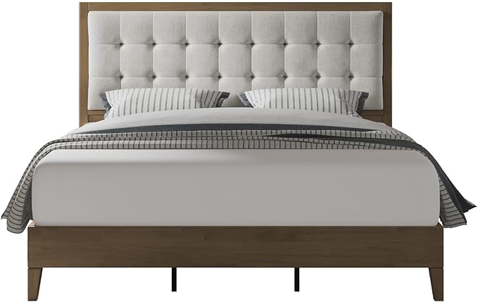 Jocisland Wood King Size Bed Frame,Tall Upholstered Tufted Headboard, Solid Wood Platform, No Box Spring Needed, Ash Gray