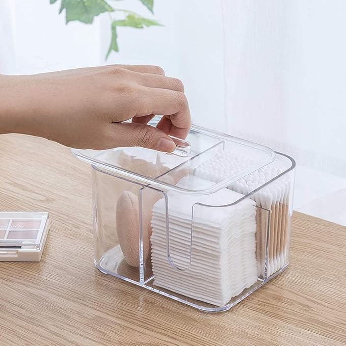 SUNFICON Cotton Swab Balls Box Cotton Pads Holder Organizer Holder Dispenser Storage Canister Cosmetic Pads Container Flossers Case 4-Grid Bathroom Countertop Vanity,Acrylic Crystal Clear