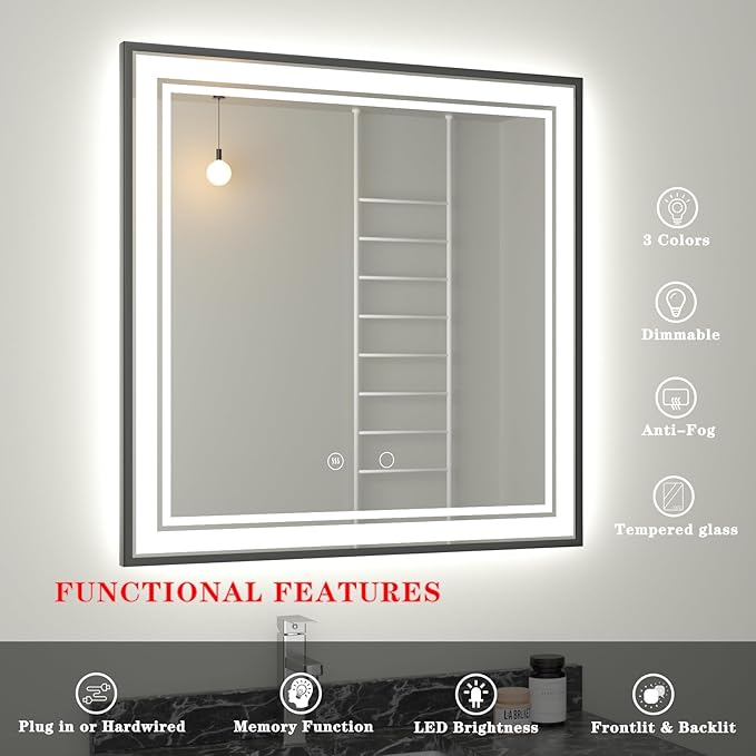36" x 36" LED Bathroom Mirror with Lights Framed LED Mirror for Bathroom Backlit and Front Lighted Bathroom Mirror Black Square Aluminum Frame Anti-Fog Dimmable Shatter-Proof Memory