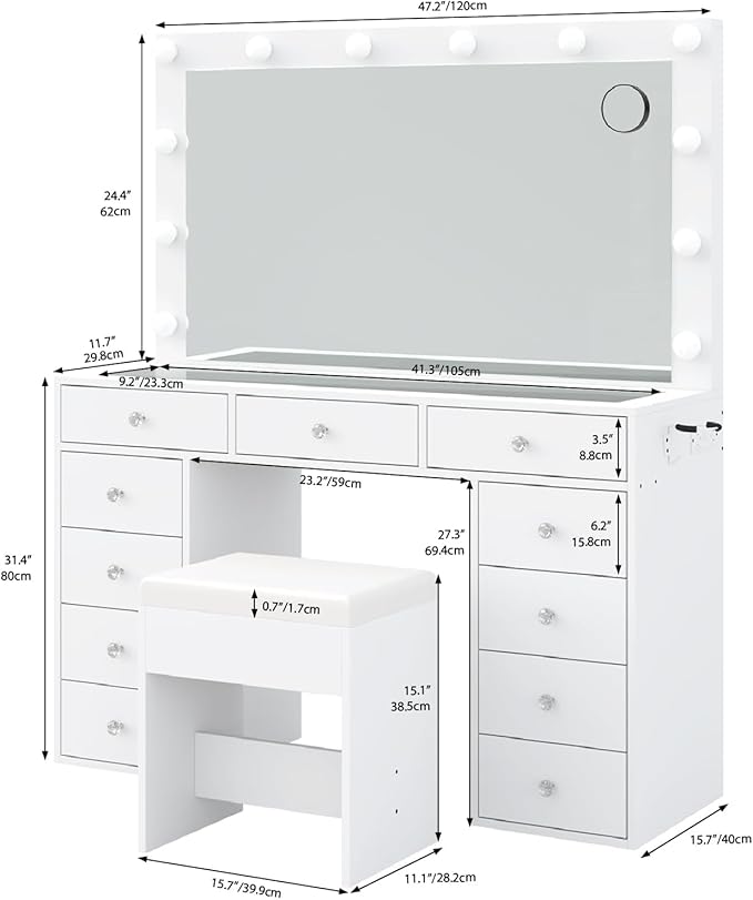 Vanity Desk with Power Outlet, Makeup Vanity with Mirror and 12 LED Lights, 3 Lighting Modes,11 Drawers Vanity Table with Chair, Glass Top, Dressing Table for Bedroom,Dressing Room, White