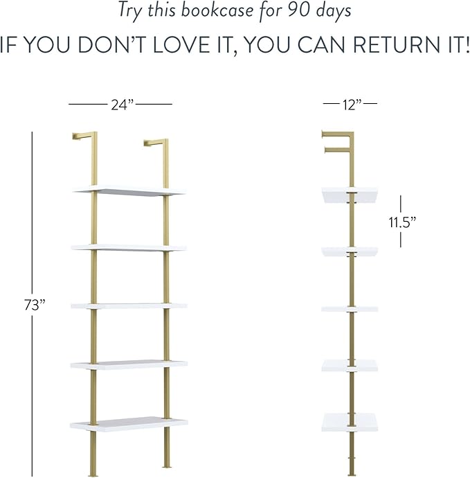 Nathan James Theo 5-Shelf Gold, Ladder Bookcase with Gold/Brass Metal Frame, White, Set of 4
