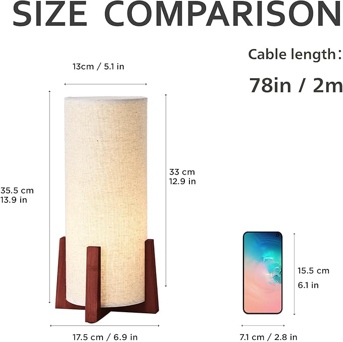 KUNJOULAM Modern Small Table Lamps, Nightstand Lamp with Linen Fabric Shade, 13.9" Cylinder Bedside Table Lamp for Bedroom, Cafe, Living Room Home Decor