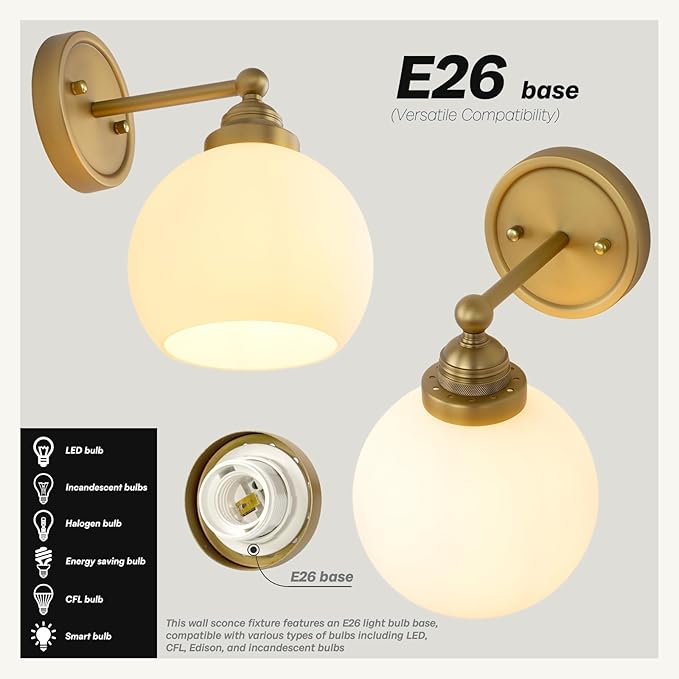 Vintage Brass Wall Sconce Light, Industrial Bathroom Vanity Wall Lighting Globe Glass Shade, Indoor Wall Mounted Lamp Fixture for Bedroom Living Room Hallway