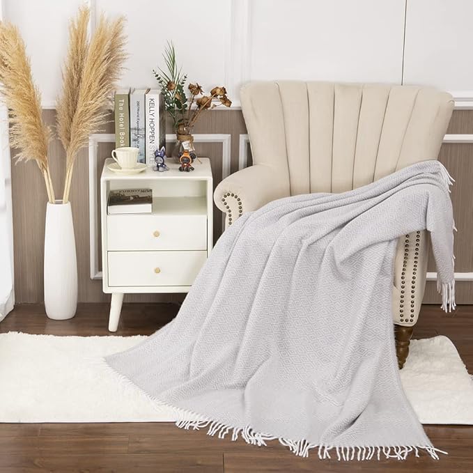 Gealaek Decorative Diamond Lattice Faux Cashmere Throw Blanket Light Grey Fringe Lightweight Fuzzy Soft Cozy Throws for Sofa Bed Farmhouse Throw Blanket 50" x 60"