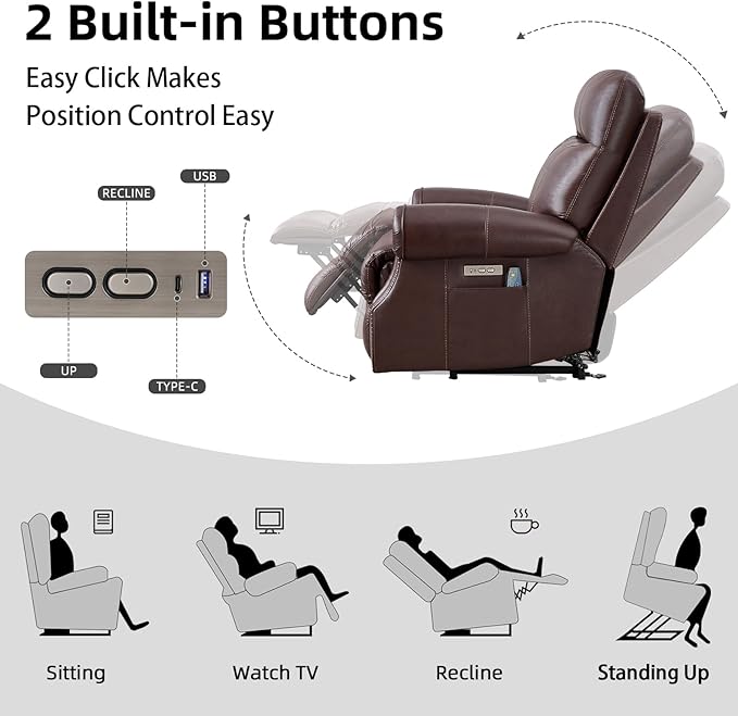 Phoenix Home Genuine Leather Power Lift Recliner Chair for Elderly with Massage and Heating, Electric Recliner for Seniors with Extended Footrest, Type-C and USB Port, Side Pocket, Brown