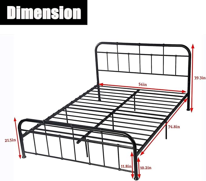 Metal Bed Frame Vintage Platform with Head Board Foot Board Mattress Foundation with Metal Slats Full Size for Bedroom School Students Kids Adults Storage Under Bed 500lbs (Black Metal, Full)