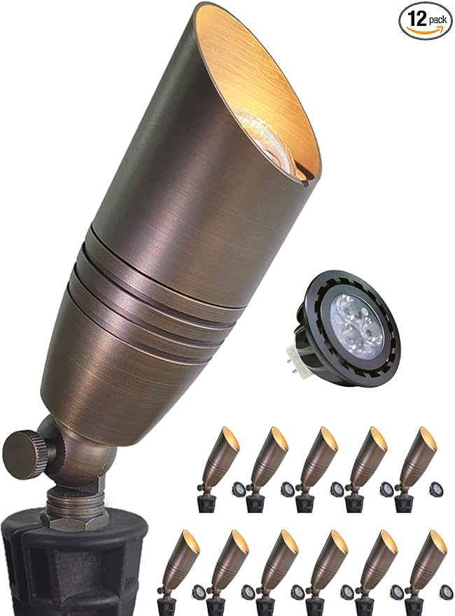MALORY Brass Landscape Spotlights 12-Pack with Bulb Kit(S02), Low Voltage 12V AC/DC LED Outdoor Spot Uplights for House and Tree,PVC Ground Stake and Wire Connector Included, 5W 2700K Warm White