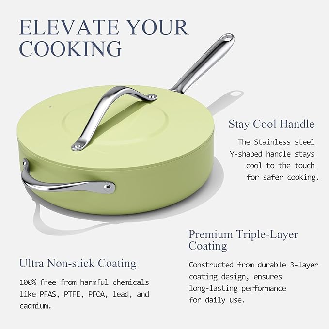 Nonstick Ceramic Sauté Pan with Lid (4.5 qt, 11"), Deep Frying Pan for All Cooktops - Non Toxic, PTFE/PFAS Free, Dishwasher & Oven Safe up to 500°F - with Stay Cool Handle - Avocado Green