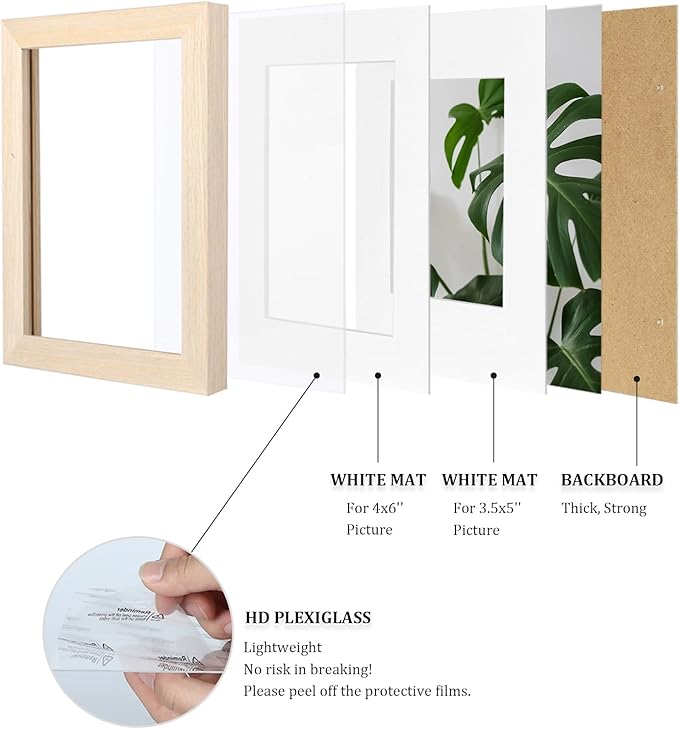 Egofine 4x6 Picture Frame Made of Solid Wood with Plexiglass, Display Pictures 3.5x5 with Mat or 4x6 Without Mat for Tabletop and Wall Mounting, Oak Wood