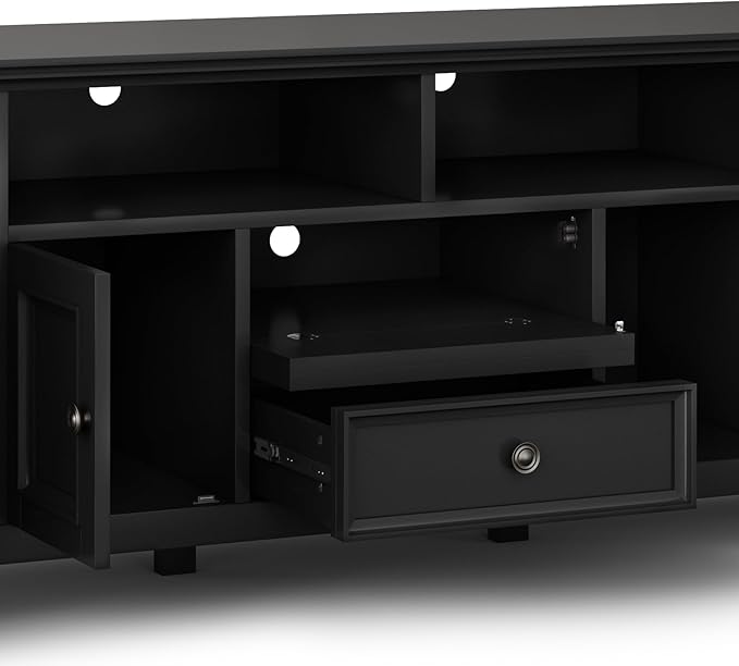 SIMPLIHOME Amherst 72-inch Wide Solid Wood TV Stand in Black, Transitional-Style Media Console for Living Room with Cable Management and Adjustable Shelves, Fits 80" TVs