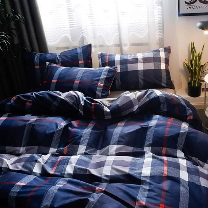 Luxlovery Navy Plaid Comforter Set Twin Men Boys Blue Tartan Bedding Comforter Set Twin Geometric Buffalo Checkered Blanket Quilts Soft Breathable Navy Grid Dorm Comforter for Women Men Adults