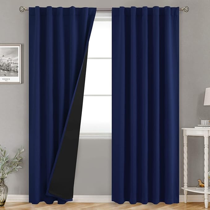 BGment Navy Blue 100% Blackout Curtains 84 Inches Long with Reducing Noise Liner, Rod Pocket and Back Tab Double Layer Full Room Darkening Window Curtain for Bedroom, 2 Panels, Each 42 x 84 Inch