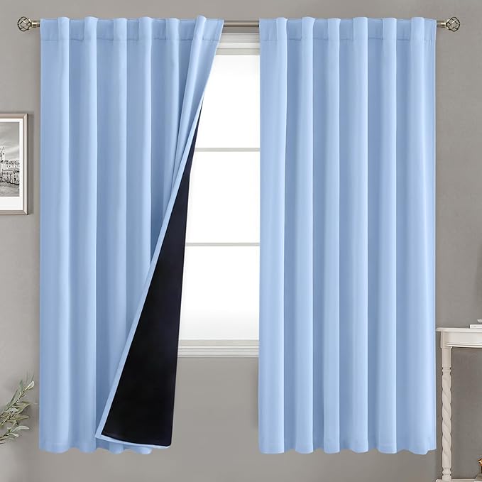 BGment Full Blackout Curtains with Liner Thermal Curtains 72 Inches Long, Rod Pocket and Back Tab Double Layer Room Darkening Window Curtains for Bedroom(52 x 72 Inch, 2 Panels, Light Blue)