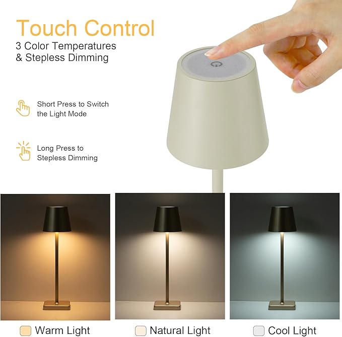 2 Pack Rechargeable Cordless Table Lamps, 5200mAh Battery Touch Table Light, Aluminum Shell Stepless Dimmable Portable LED Desk Lamp for Dinner/Restaurant/Outdoor Cream