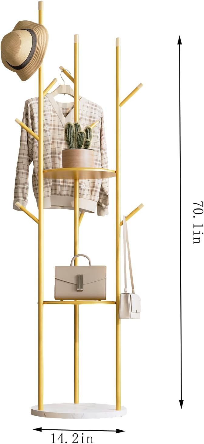 Gold Coat Rack Stand,Freestanding Coat Racks whit Marble base,heavy duty coat hanger Stand,metal Coat Rack with 3 Shelves and 9 Hooks,Coat Tree for Entryway, Bedroom, Coats, Bags,