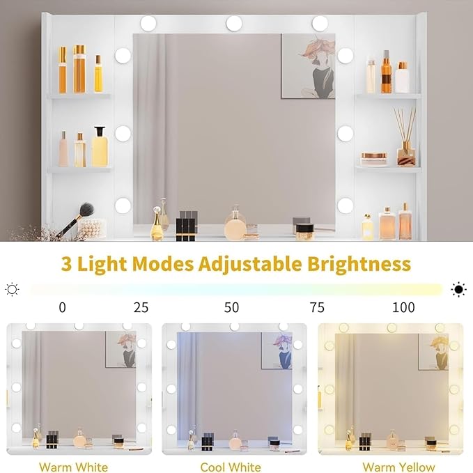 DWVO Vanity Desk with Large Mirror and LED Lights, Makeup Vanity Table Set with Power Outlets, Comfy Stool & Storage Drawers, Shelves and Cabinets, 3 Lighting Modes Makeup Table, Dressing Room, White