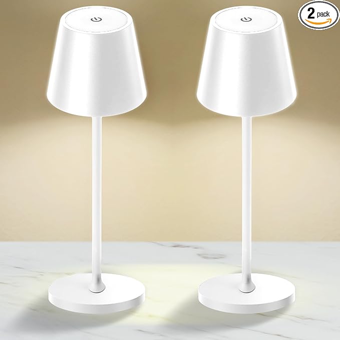 2 Pack Cordless Table Lamp,Portable LED Desk Lamp, 5200mAh Battery Operated, 3 Color Stepless Dimming Up, for Restaurant, Bedroom, Bars, Outdoor Party, Camping, Coffee Shop Night Light White