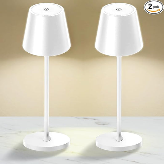 2 Pack Cordless Table Lamp,Portable LED Desk Lamp, 5200mAh Battery Operated, 3 Color Stepless Dimming Up, for Restaurant, Bedroom, Bars, Outdoor Party, Camping, Coffee Shop Night Light White