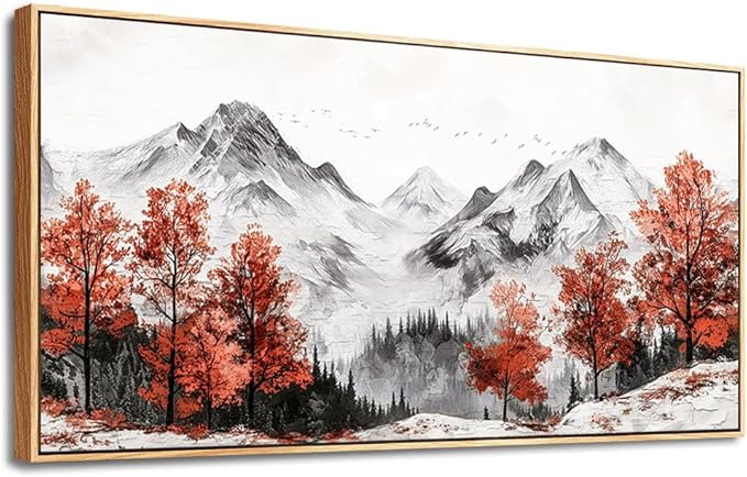 PHAOHUAXM Large Canvas Wall Decor For Living Room Wall Art For Bedroom Office Murals Red Tree Ink-Wash Mountain Landscape Wall Pictures Restaurant Room Modern Home Decoration Wood Framed 24"X48"