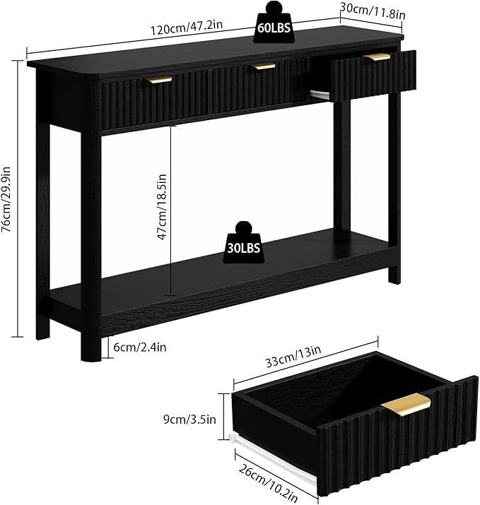 RUSTOWN Fluted Wood Console Table with 3 Drawers, Boho Narrow Behind Couch Entryway Table with Open Storage Shelf, Modern Sofa Table for Living Room, Foyer and Hallway (Black)
