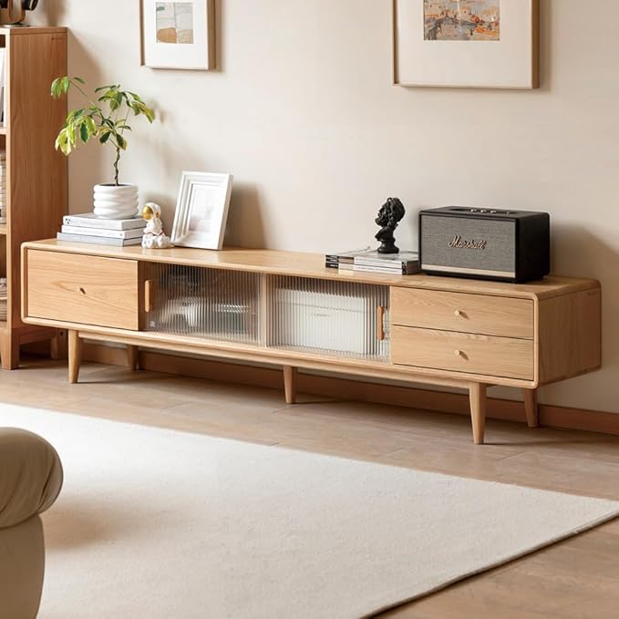 78.74" L Solid Oak Wood TV Stand for 70-85 Inch TVs, Glass Sliding Door TV Console with 3 Drawers and 2 Cabinets, Entertainment Center with Storage Cabinets TV Stands for Living Room (Log Color)