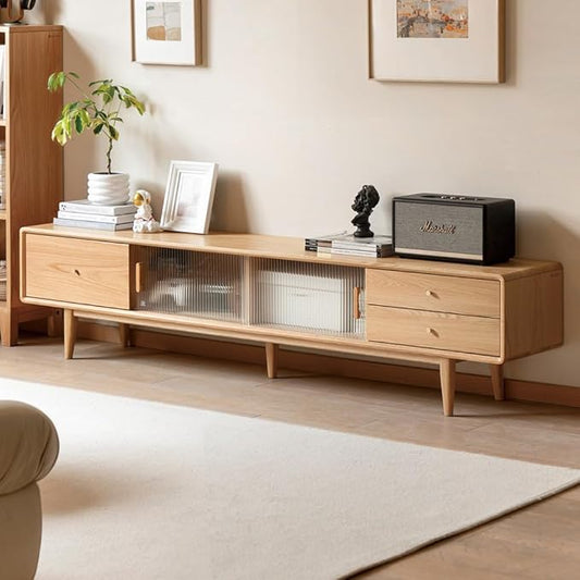 78.74" L Solid Oak Wood TV Stand for 70-85 Inch TVs, Glass Sliding Door TV Console with 3 Drawers and 2 Cabinets, Entertainment Center with Storage Cabinets TV Stands for Living Room (Log Color)