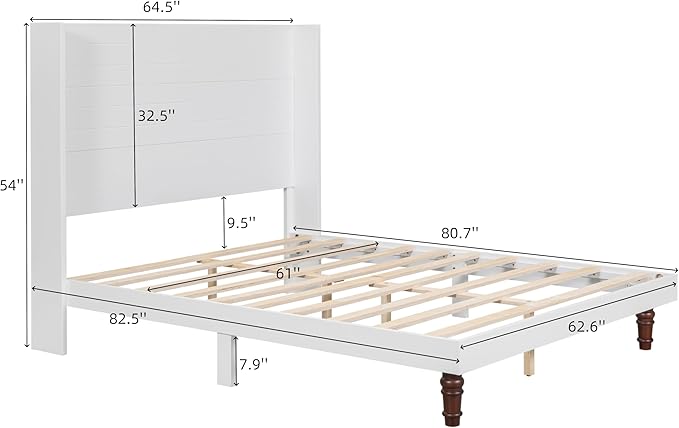 GDFStudio Tall Headboard Queen Size Bed,Platform Bed Frame with High Back,Wooden Slat Mattress Support No Box Spring Needed Easy Assembly Minimalist Designs 54" H White