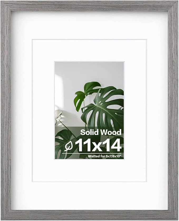 Egofine 11x14 Picture Frame Made of Solid Wood with Plexiglass, Display Pictures 5x7/8x10 with Mat or 11x14 Without Mat for Tabletop and Wall Mounting, Oak Grey