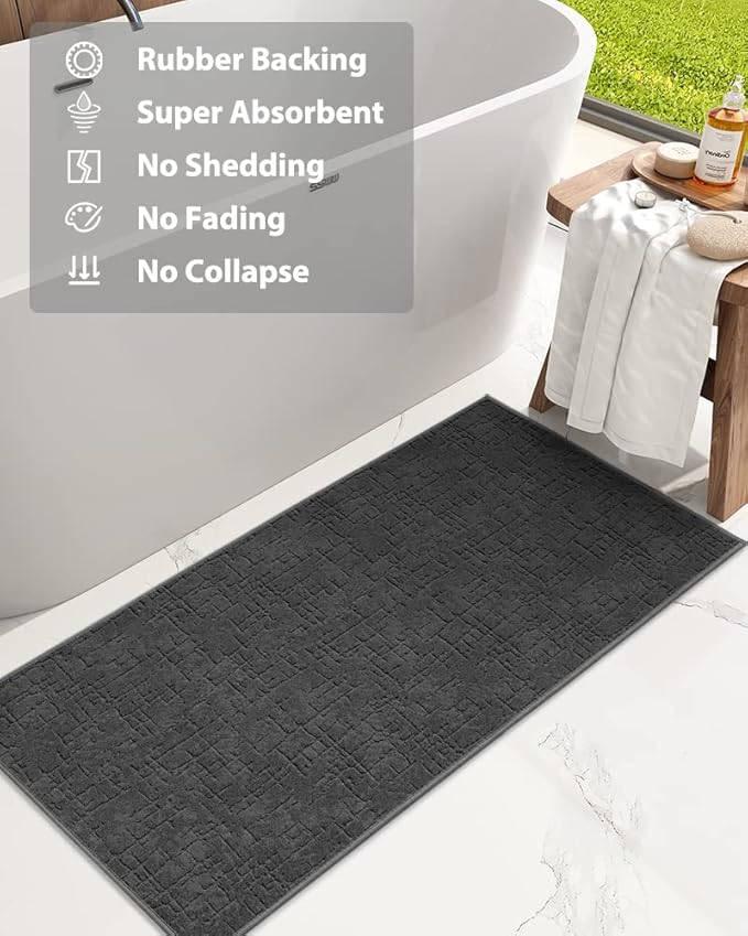 AMOAMI-Bath Mat-Absorbent Quick Dry Bathroom Floor Mats-Washable Rubber Backing Bath Mats for Bathroom Rugs Fit Under Door-Bath Rug for in Front of Sink Bathtub Shower Room, Dark Grey 17''x59''