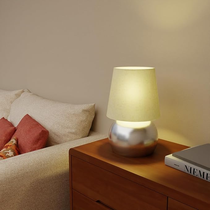 Set of 2 Small Silver Spherical Base Bedside Table Lamp with Textured Linen Shade (Bulb Included)