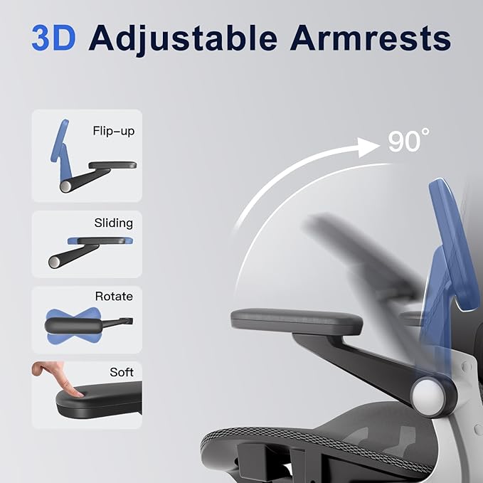 Ergonomic Office Chair，Mesh Seat Cushion with 3D Armrests and 3D Headrest, Adjustable Lumbar Support with Rocking Function, SGS Class 4 Gas Clylinder，Black