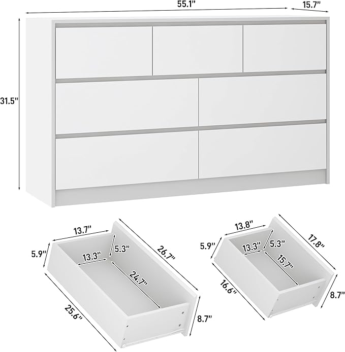 White Malm Dresser for Bedroom, 55 Inch Full High Gloss Dresser with 7 Drawers, Modern Large Wood Chest of Drawer Handle Free, Living Room, Entryway, Hallway, White