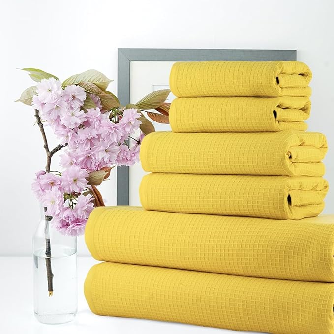 CASA COPENHAGEN Waffle Towel, 6Pieces 100% Cotton Large Towel Set- Butter Yellow, 2Bath 2Hand 2Washcloths Instant Absorb and Dry, Soft Strong Towels for Hotel Spa Kitchen Bathroom & Shower