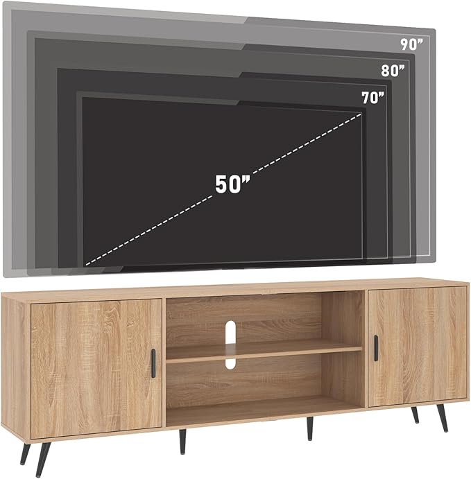 AUXSOUL 80 Inch Mid Century Modern TV Stand for 75 Inch TV, Wood TV Stand with Storage, Entertainment Center for Living Room Bedroom, TV Media Console, Oak