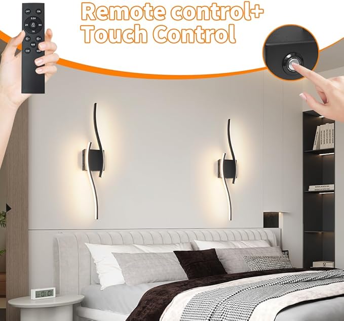Modern Battery Operated Wall Sconce Set of 2, Black Dimmable LED Wall Light with Remote Control, 3CCT Adjustable, Timer& Memory Function, Wireless Wall Light for TV Wall Living Room Bedroom