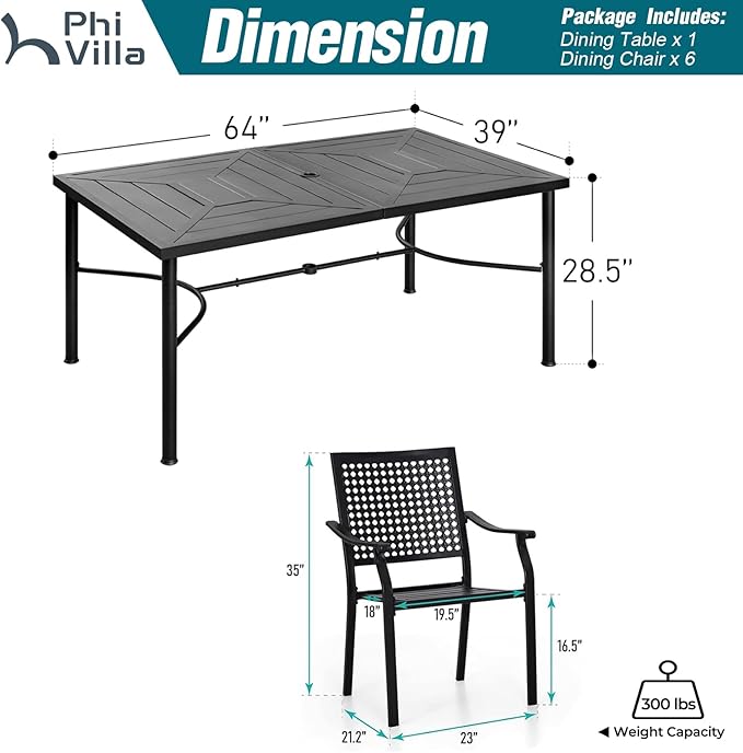 PHI VILLA Outdoor Conversation Furniture Dining Table and Chairs Set of 7 Pieces Patio Dining Set Metal Large 1.77" Umbrella Hole Table for 6 Person Wrought Iron Bistro Dining Chairs